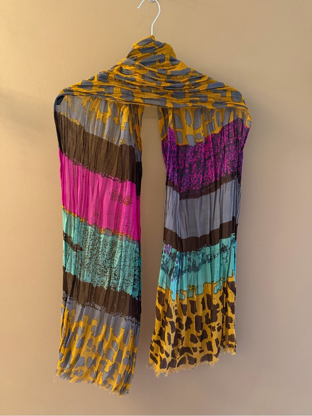 Colorblock Stripe Print Lightweight Scarf - Mustard, Pink, Teal, Brown